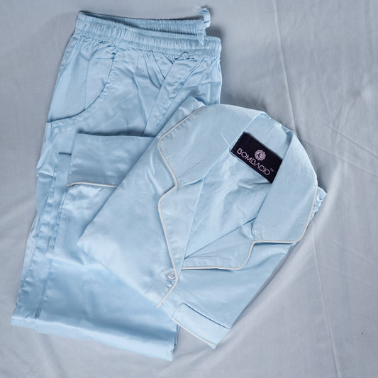 Blue & white piped satin women pyjama
