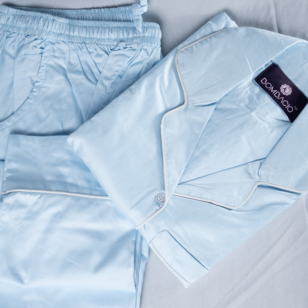 Blue & white piped satin women pyjama