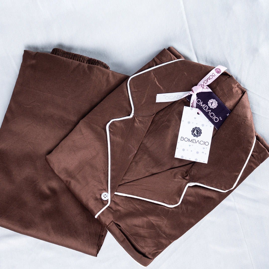 Brown & white piped satin women pyjama