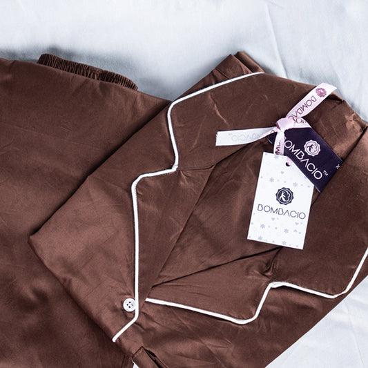 Brown & white piped satin women pyjama