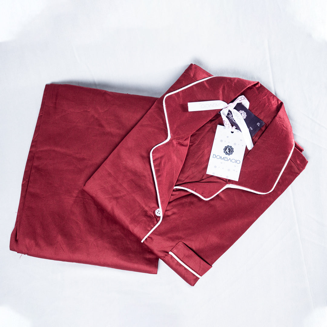 Maroon & white piped satin women pyjama
