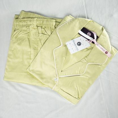 Pastel yellow & white piped satin women pyjama