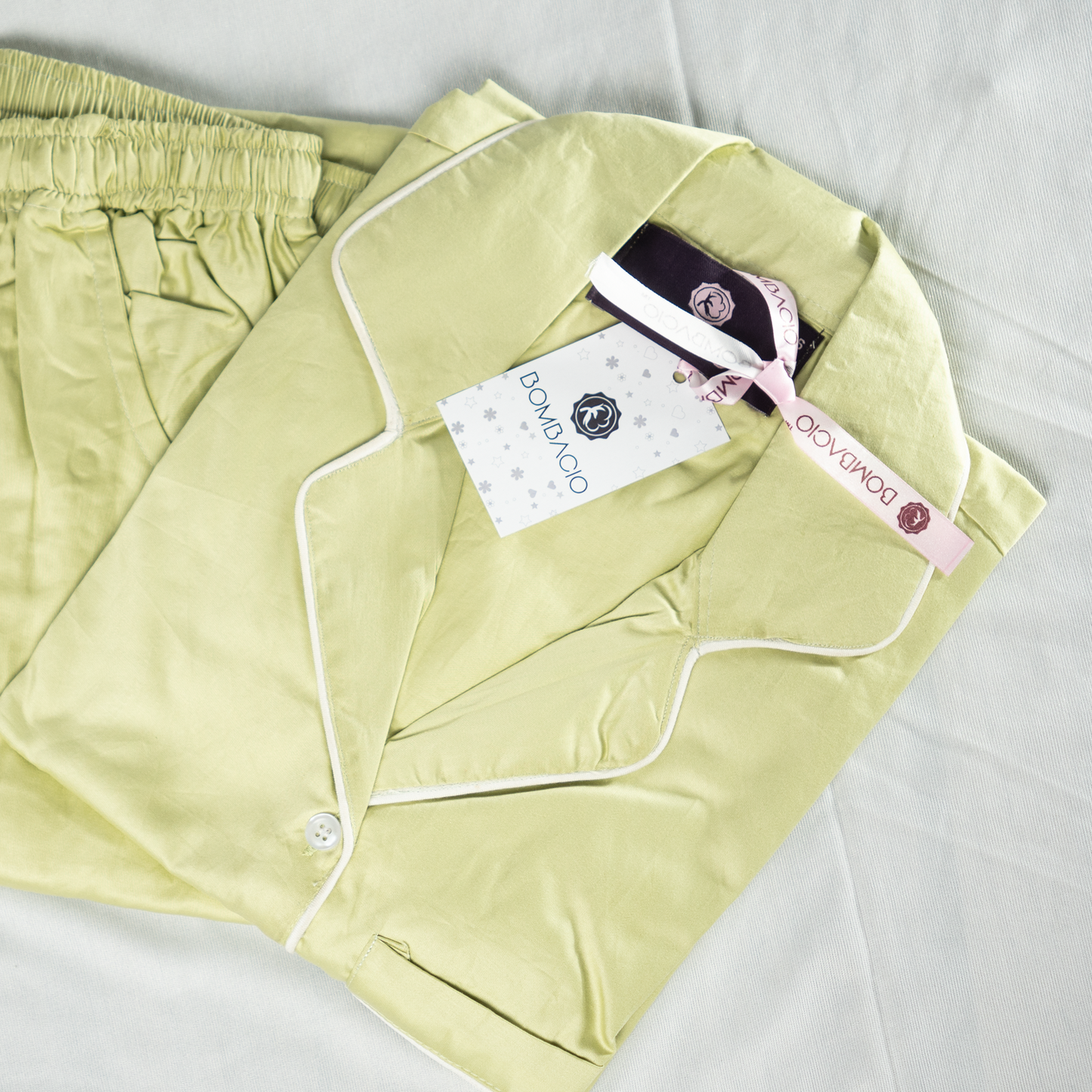 Pastel yellow & white piped satin women pyjama