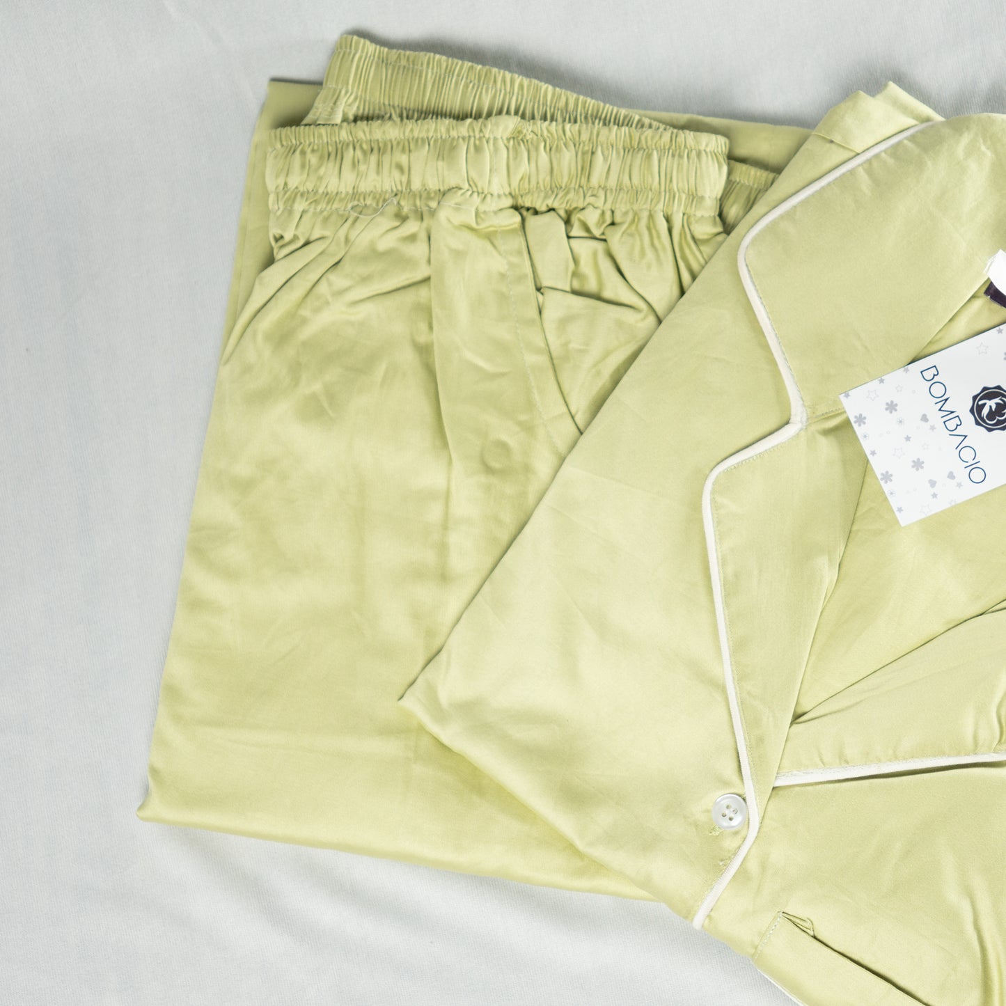 Pastel yellow & white piped satin women pyjama