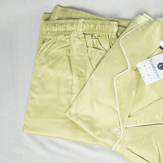 Pastel yellow & white piped satin women pyjama