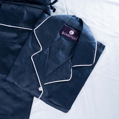 Navy & white piped satin women pyjama