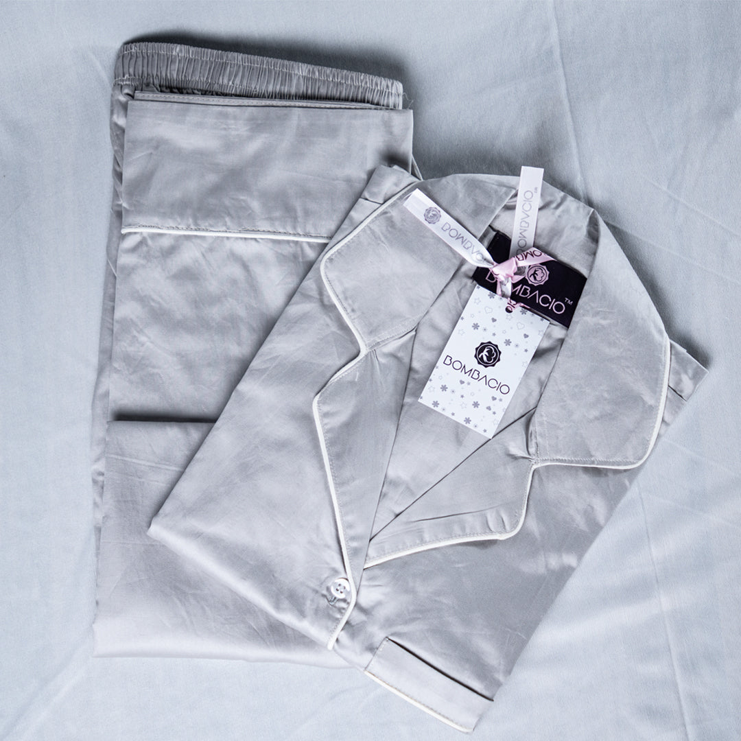 Grey & white piped satin women pyjama