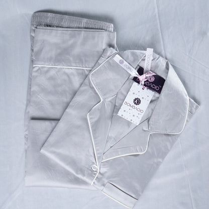 Grey & white piped satin women pyjama