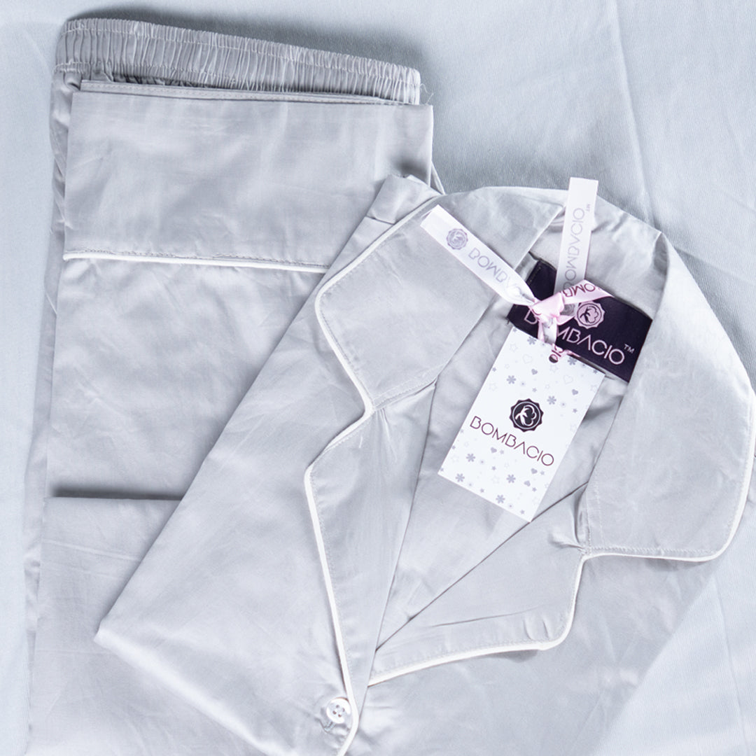 Grey & white piped satin women pyjama