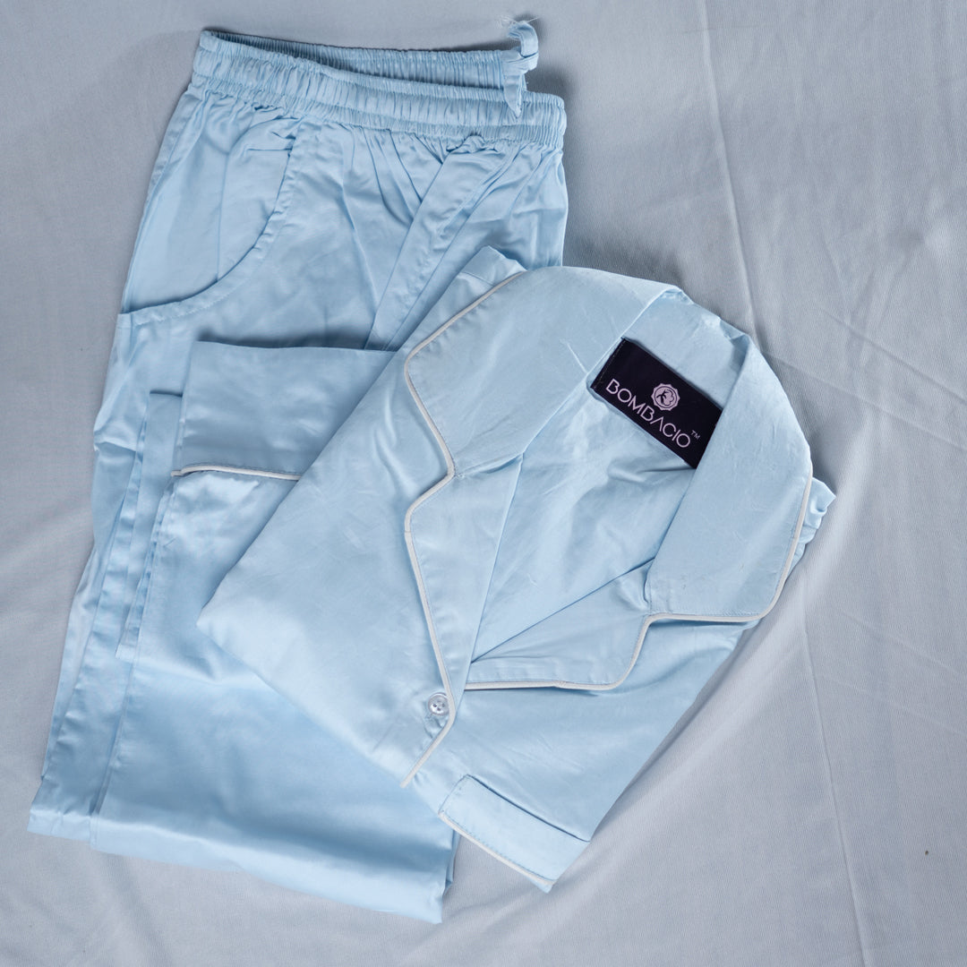 Blue & white piped satin women pyjama