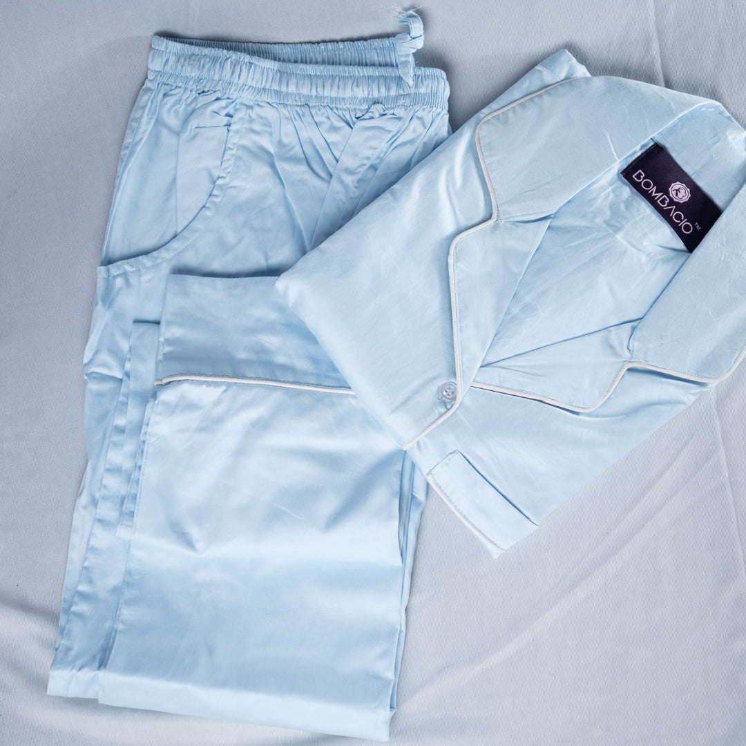 Blue & white piped satin women pyjama