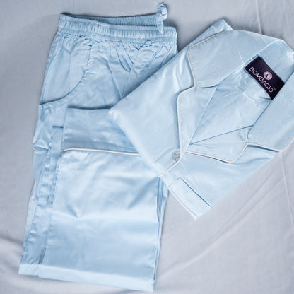 Blue & white piped satin women pyjama