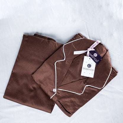 Brown  & white piped satin women pyjama