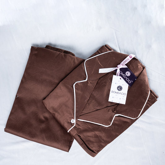 Brown  & white piped satin women pyjama