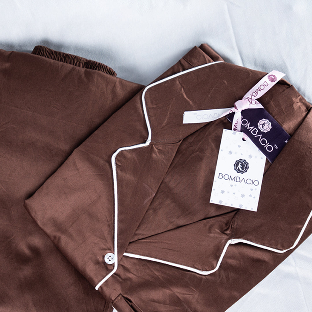 Brown  & white piped satin women pyjama
