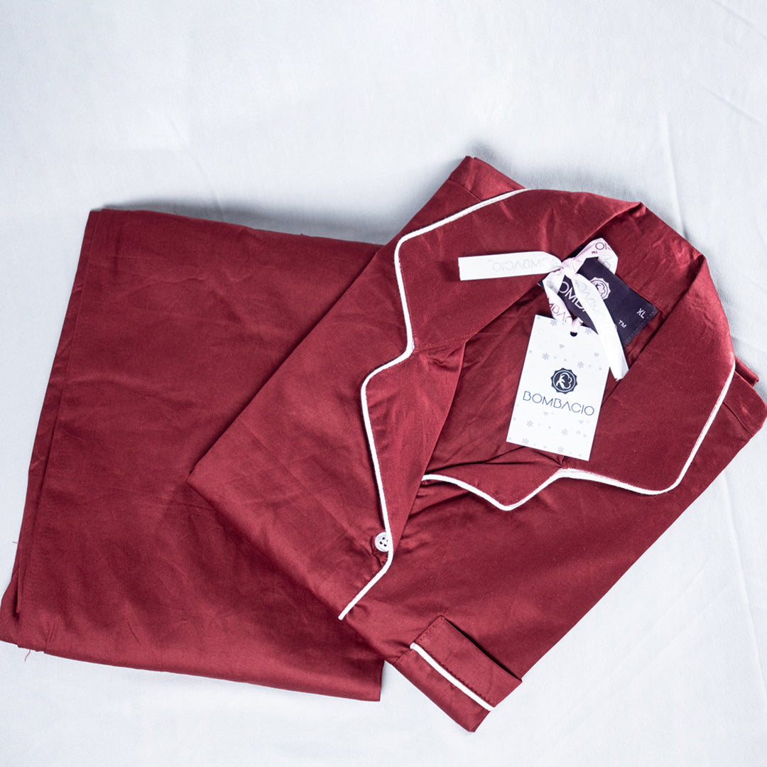 Maroon & white piped satin women pyjama