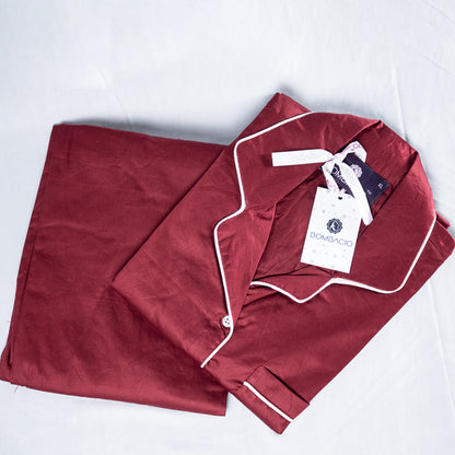 Maroon & white piped satin women pyjama
