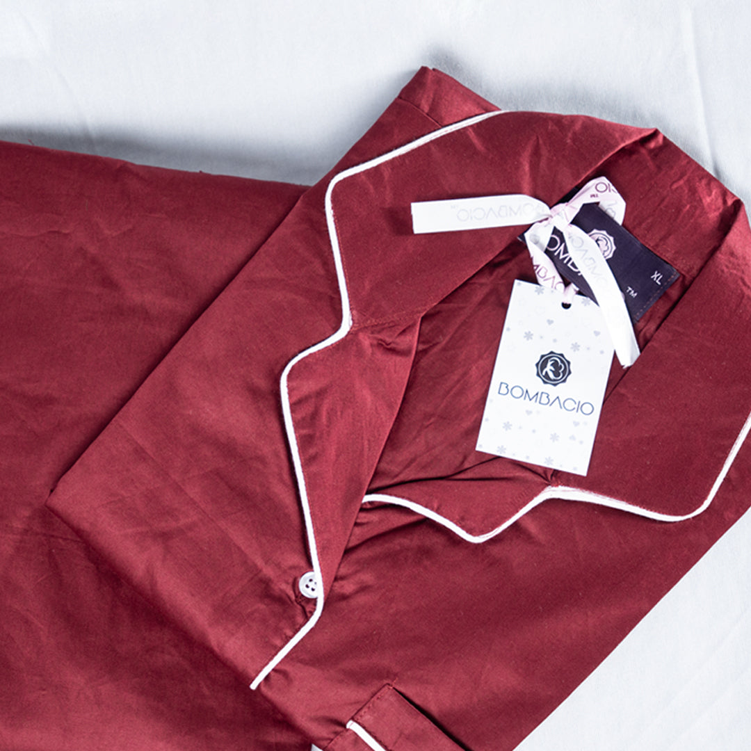 Maroon & white piped satin women pyjama
